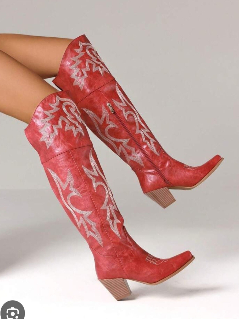 NWOT Red Over-The-Knee Western Boots with White Embroidery